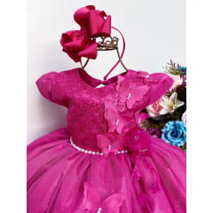Vestido Infantil Aplique de Borboletas Flor Pink Brilho Luxo