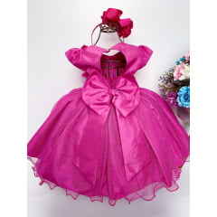 Vestido Infantil Aplique de Borboletas Flor Pink Brilho Luxo