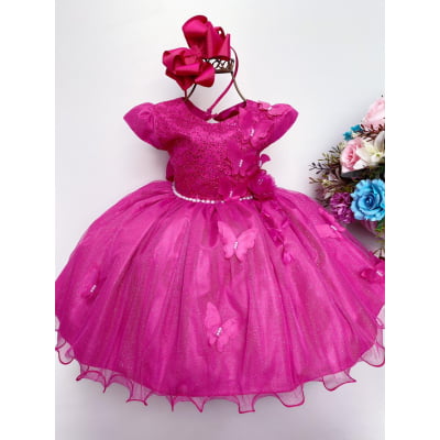 Vestido Infantil Aplique de Borboletas Flor Pink Brilho Luxo