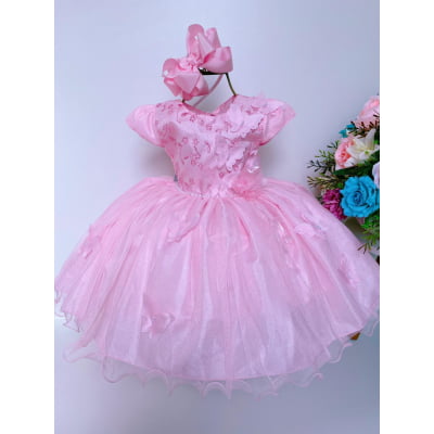 Vestido Infantil Aplique de Borboletas Flor Rosa Brilho Luxo