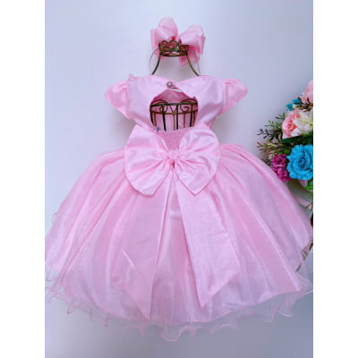 Vestido Infantil Aplique de Borboletas Flor Rosa Brilho Luxo