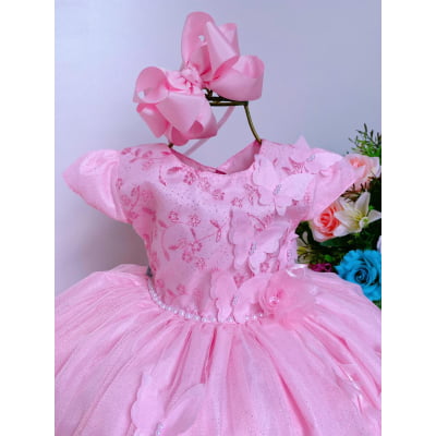 Vestido Infantil Aplique de Borboletas Flor Rosa Brilho Luxo