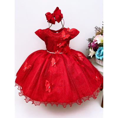 Vestido Infantil Aplique de Borboletas Flor Vermelho Brilho