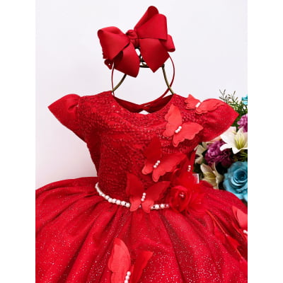 Vestido Infantil Aplique de Borboletas Flor Vermelho Brilho