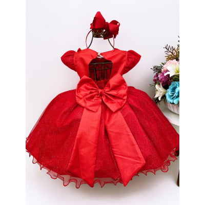 Vestido Infantil Aplique de Borboletas Flor Vermelho Brilho