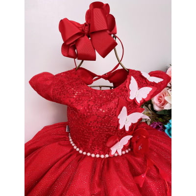 Vestido Infantil Aplique de Borboletas Vermelho C/ Branco