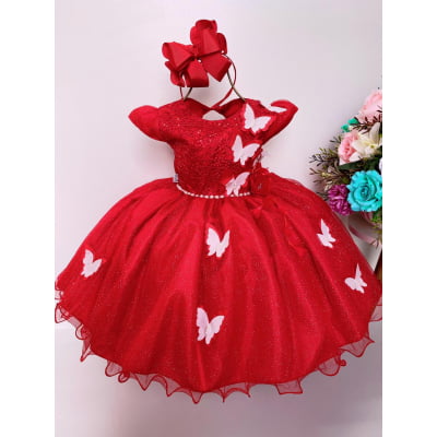 Vestido Infantil Aplique de Borboletas Vermelho C/ Branco