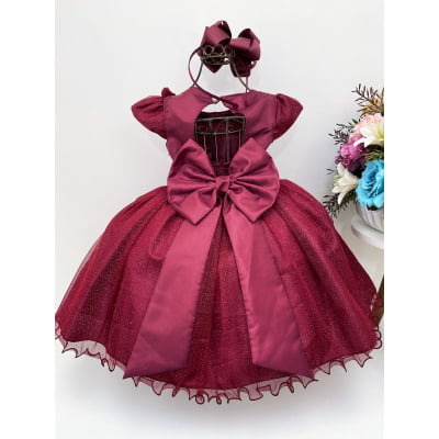 Vestido Infantil Aplique de Borboletas Marsala Brilho Luxo