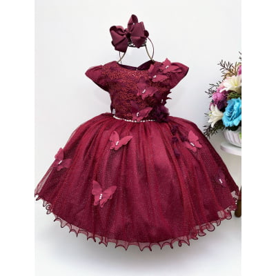 Vestido Infantil Aplique de Borboletas Marsala Brilho Luxo