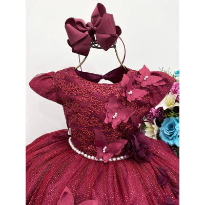 Vestido Infantil Aplique de Borboletas Marsala Brilho Luxo