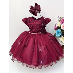 Vestido Infantil Aplique de Borboletas Marsala Brilho Perola