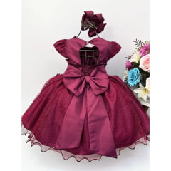 Vestido Infantil Aplique de Borboletas Marsala Brilho Perola