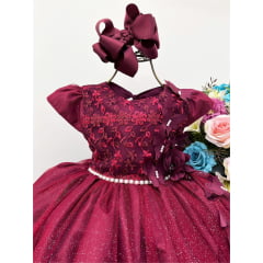 Vestido Infantil Aplique de Borboletas Marsala Brilho Perola