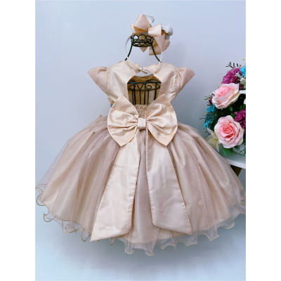 Vestido Infantil Aplique de Borboletas Renda Flor Dourado