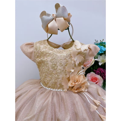 Vestido Infantil Aplique de Borboletas Renda Flor Dourado
