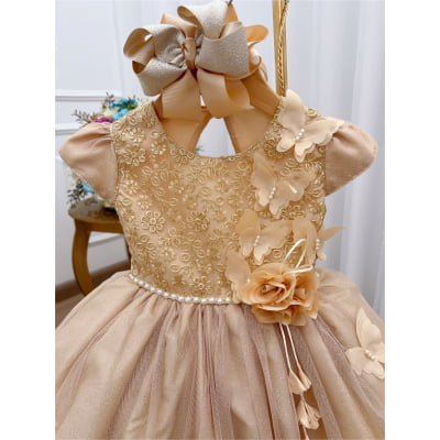 Vestido Infantil Aplique de Borboletas Renda Flor Dourado