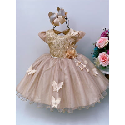 Vestido Infantil Aplique de Borboletas Renda Flor Dourado