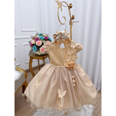 Vestido Infantil Aplique de Borboletas Renda Flor Dourado