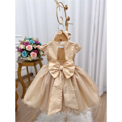 Vestido Infantil Aplique de Borboletas Renda Flor Dourado