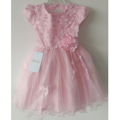Vestido Infantil Aplique de Borboletas Renda Flor Rosa Brilho