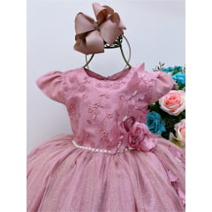 Vestido Infantil Aplique de Borboletas Renda Flor Rosé Brilho