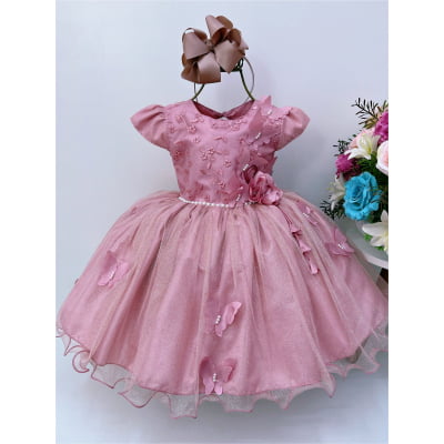 Vestido Infantil Aplique de Borboletas Renda Flor Rosé Brilho