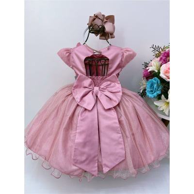 Vestido Infantil Aplique de Borboletas Renda Flor Rosé Brilho