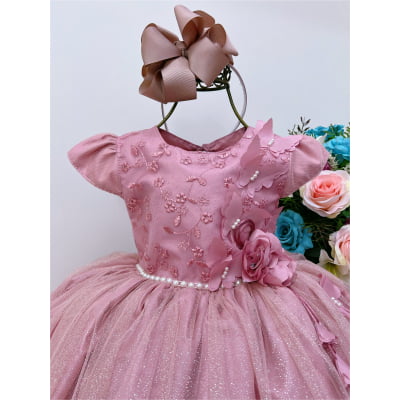 Vestido Infantil Aplique de Borboletas Renda Flor Rosé Brilho