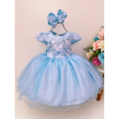 Vestido Infantil Azul Aplique Borboletas e Flores Renda Luxo