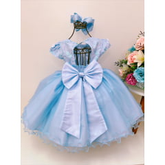 Vestido Infantil Azul Aplique Borboletas e Flores Renda Luxo