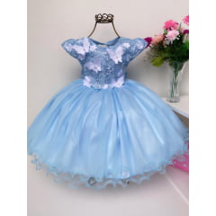 Vestido Infantil Azul Aplique Borboletas Renda Luxo