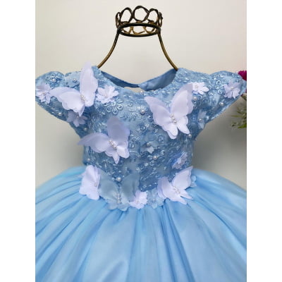 Vestido Infantil Azul Aplique Borboletas Renda Luxo