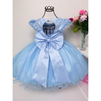 Vestido Infantil Azul Aplique Borboletas Renda Luxo