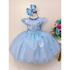 Vestido Infantil Azul Aplique de Borboletas C/ Renda Perolas