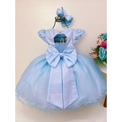 Vestido Infantil Azul Aplique de Borboletas C/ Renda Perolas