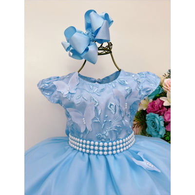 Vestido Infantil Azul Aplique de Borboletas C/ Renda Perolas