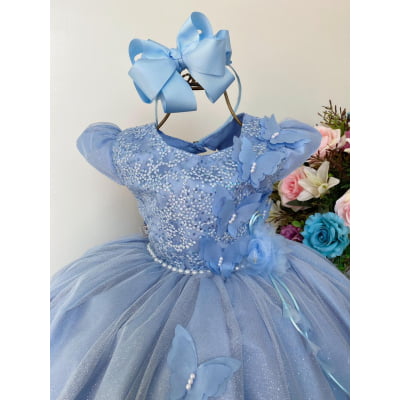 Vestido Infantil Azul Bebê Aplique de Borboletas Brilho Luxo