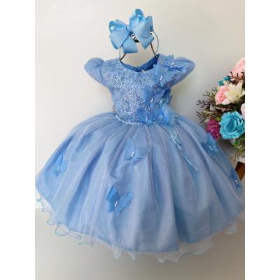 Vestido Infantil Azul Bebê Aplique de Borboletas Brilho Luxo