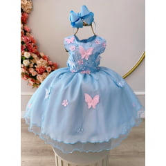 Vestido Infantil Azul C/ Aplique de Borboletas e Flores