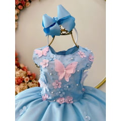 Vestido Infantil Azul C/ Aplique de Borboletas e Flores