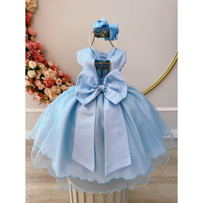 Vestido Infantil Azul C/ Aplique de Borboletas e Flores