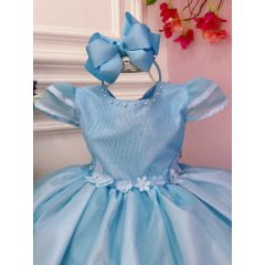 Vestido Infantil Azul C/ Aplique Flores Borboletas e Renda