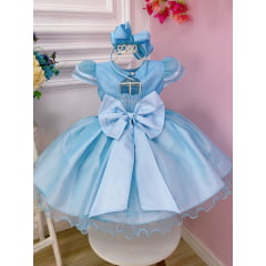 Vestido Infantil Azul C/ Aplique Flores Borboletas e Renda