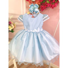 Vestido Infantil Azul C/ Aplique Flores Borboletas e Renda