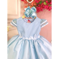 Vestido Infantil Azul C/ Aplique Flores Borboletas e Renda