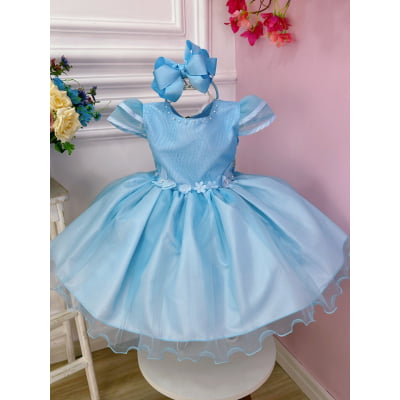 Vestido Infantil Azul C/ Aplique Flores Borboletas e Renda