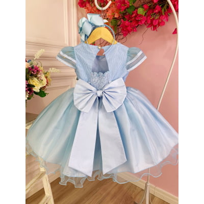 Vestido Infantil Azul C/ Aplique Flores Borboletas e Renda
