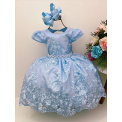 Vestido Infantil Azul C/ Renda Cinto de Pérolas