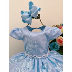 Vestido Infantil Azul C/ Renda Cinto de Pérolas
