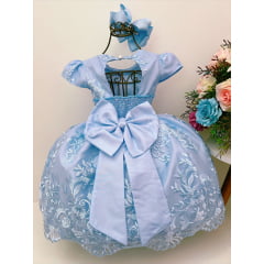 Vestido Infantil Azul C/ Renda Cinto de Pérolas